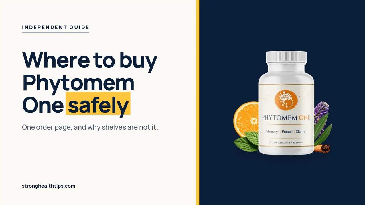 Where to buy Phytomem One: headline beside the Phytomem One bottle on a navy panel with a yellow edge