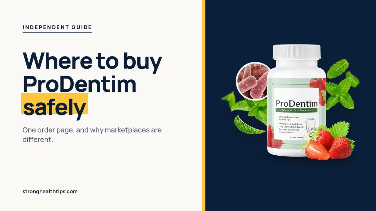 Where to buy ProDentim: headline beside a ProDentim bottle with strawberries and mint on a navy panel