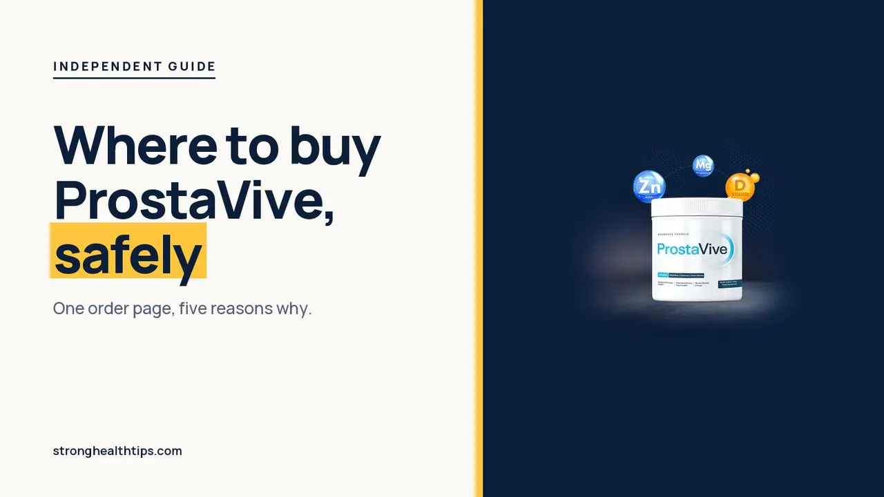 Where to buy ProstaVive: headline beside a ProstaVive tub on a warm white panel with a yellow bar
