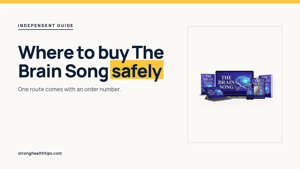 Where to buy The Brain Song headline about the safe order route beside The Brain Song audio on a phone, cream and navy