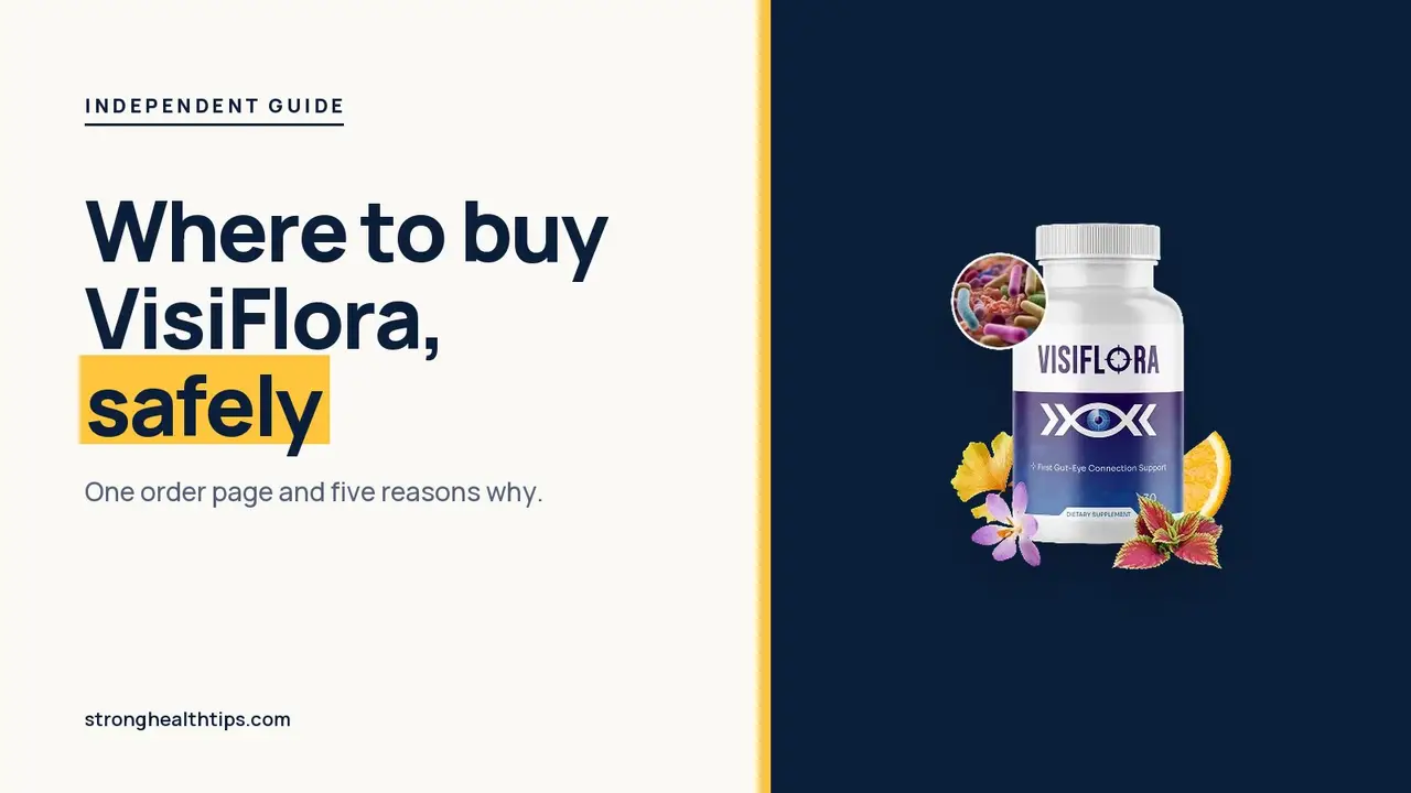 Where to buy VisiFlora: headline beside the six-bottle VisiFlora package on a warm white panel with a yellow bar