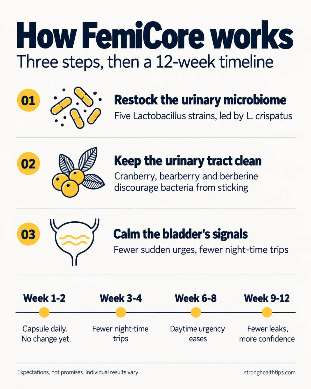 How FemiCore works infographic: three-step mechanism and a 12-week timeline of expected changes in bladder urgency, night-time trips and leaks
