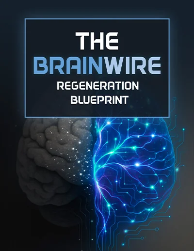Cover of The Brainwire Regeneration Blueprint e-book, a free bonus with Audifort, showing a glowing brain graphic