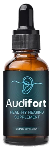 Audifort ingredients explained: an amber Audifort dropper bottle with its dark blue label