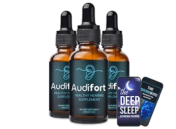 Audifort scam worries: the genuine three-bottle Audifort package with two e-books, as the seller shows it