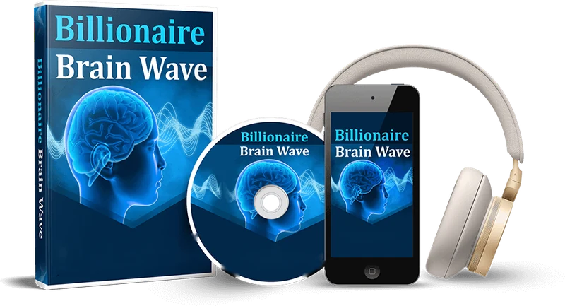 Mockup of the Billionaire Brain Wave audio: a book box, a disc and a phone beside headphones; a digital audio