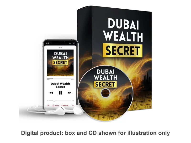 Dubai Wealth Secret mockup showing a box, a disc and a phone audio player with earbuds