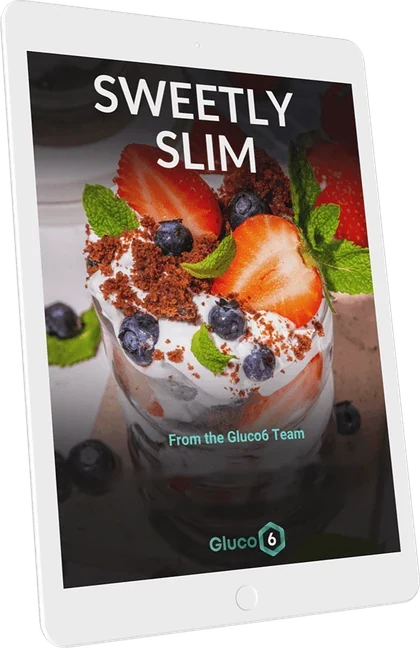 Sweetly Slim e-book cover shown on a tablet, a digital bonus on the larger Gluco6 orders