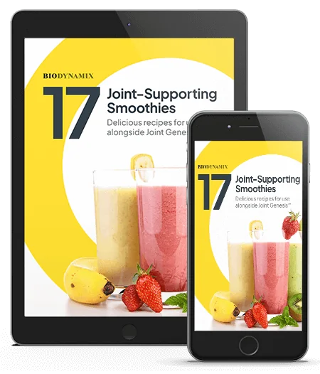 Cover of the 17 Joint-Supporting Smoothies e-book, a free bonus with Joint Genesis, shown on a tablet and a phone