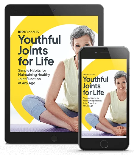 Cover of the Youthful Joints for Life e-book, a free bonus with Joint Genesis, shown on a tablet and a phone
