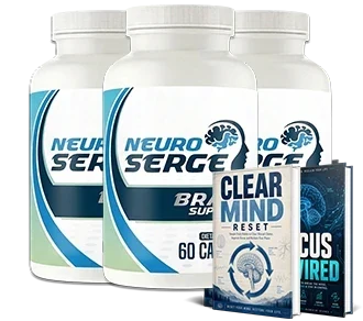Neuro Serge cost: the three-bottle Neuro Serge package pictured beside two guide covers