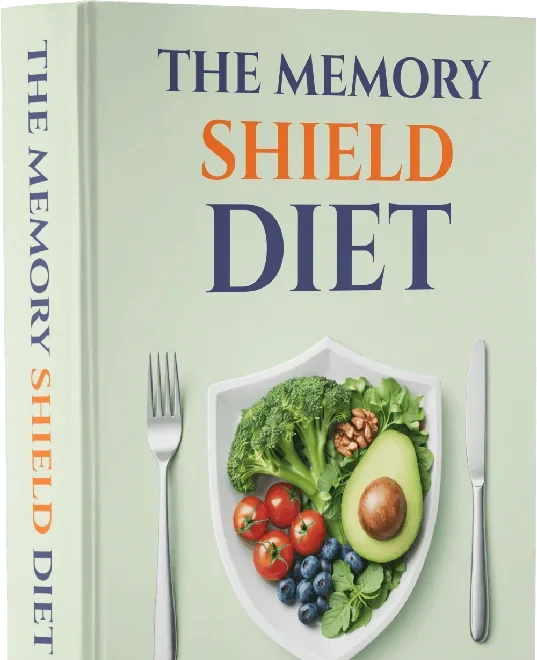 Cover of The Memory Shield Diet e-book, a free bonus with Phytomem One, showing a plate of fresh foods