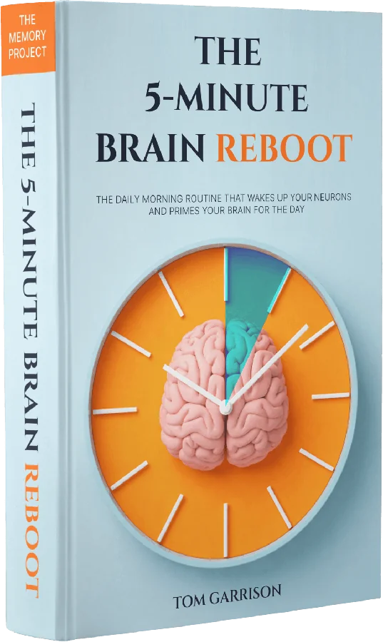 Cover of The 5-Minute Brain Reboot e-book, a free bonus with Phytomem One, showing a clock and a brain