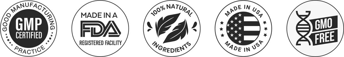 ProDentim ingredients list: the seller's row of five quality seals shown under the product
