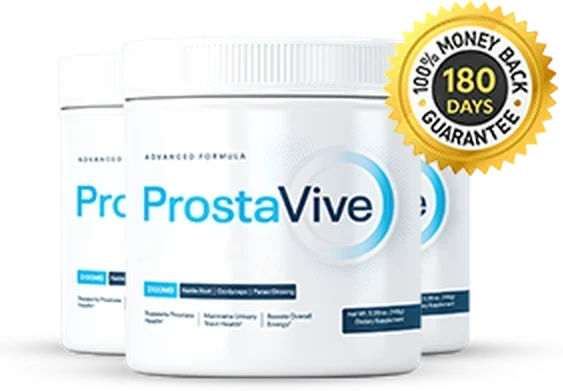 Three ProstaVive tubs with the 180-day guarantee seal, the 3-tub package