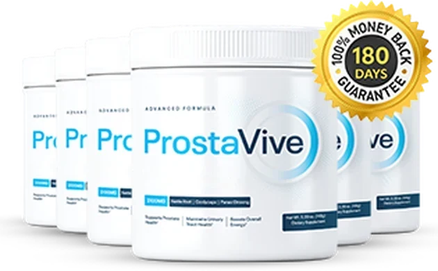 Six ProstaVive tubs in a row with the 180-day guarantee seal, the 6-tub package