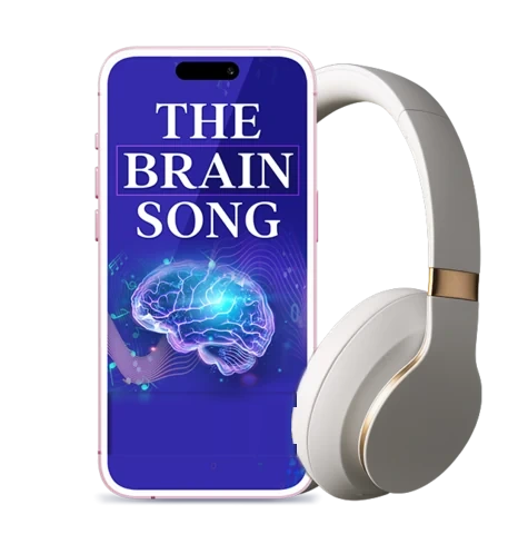 The Brain Song audio on a phone screen beside white headphones, as the seller's product art shows it