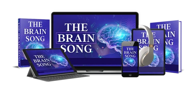 Mockup of The Brain Song audio on a laptop, phone and book cover; the product itself is an audio file