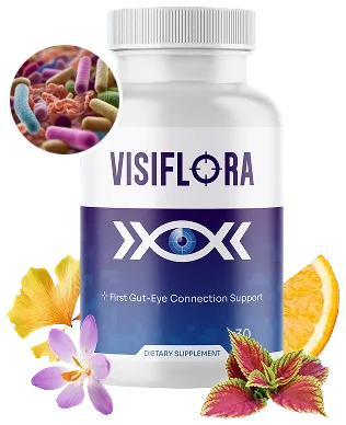 VisiFlora review: a single VisiFlora dietary supplement bottle with flowers and a citrus slice beside it