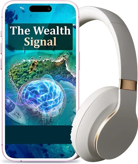 Mockup of The Wealth Signal audio: a phone showing the cover beside headphones; the product is a digital audio