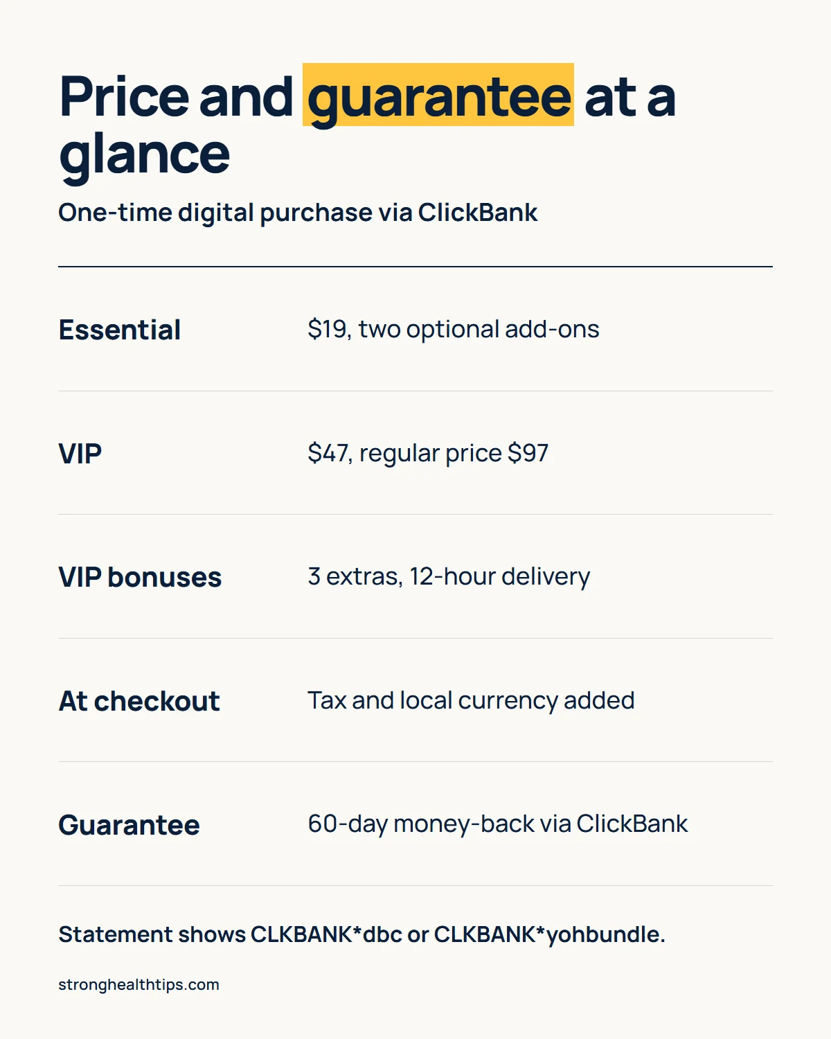 Eastern Astrology Language Reading price and guarantee: Essential $19 with two optional add-ons, VIP $47 against a regular $97 with 3 bonuses and 12-hour delivery, tax and local currency added at checkout, and a 60-day money-back guarantee via ClickBank