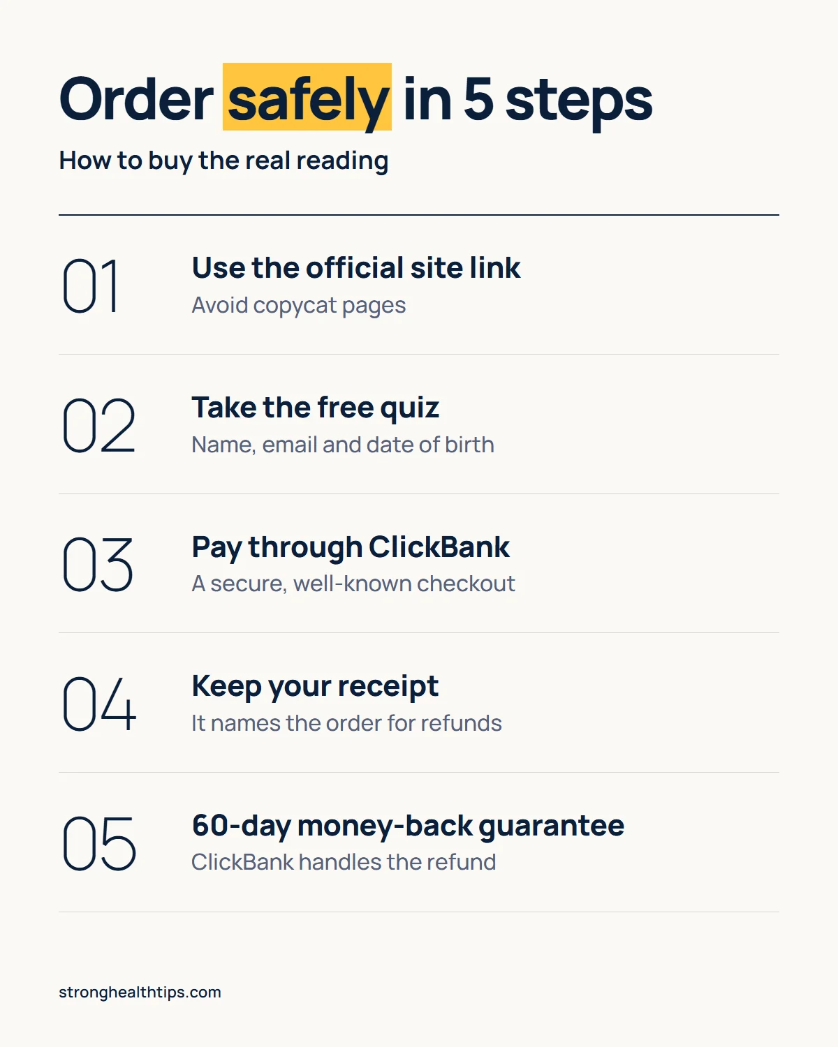 Order the Eastern Astrology Language Reading safely in 5 steps: use the official site link to avoid copycats, take the free quiz, pay through ClickBank, keep your receipt, and rely on the 60-day money-back guarantee
