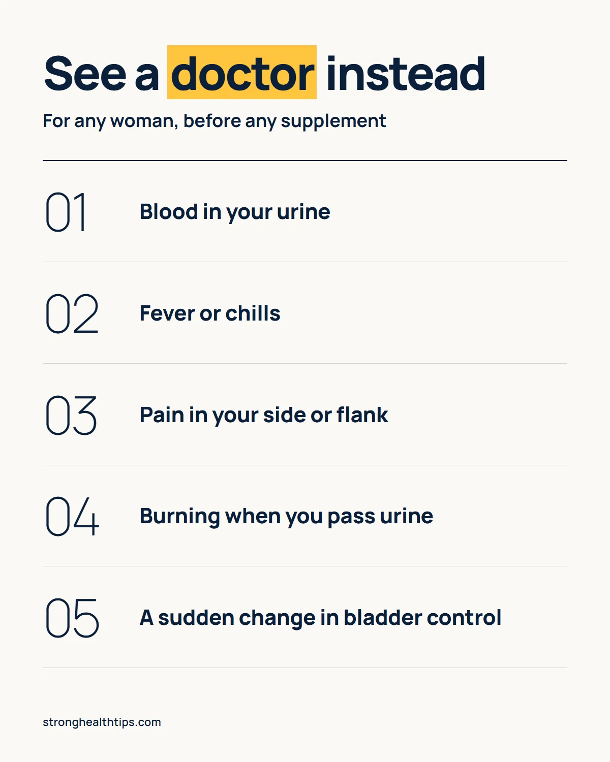 FemiCore review 2026 women infographic: symptoms that need a doctor rather than a supplement, such as blood in urine, fever