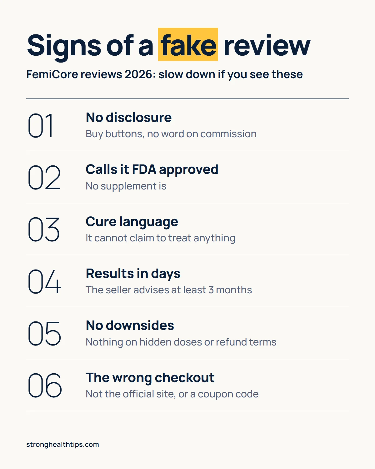 FemiCore reviews 2026 infographic: warning signs of a fake or paid review