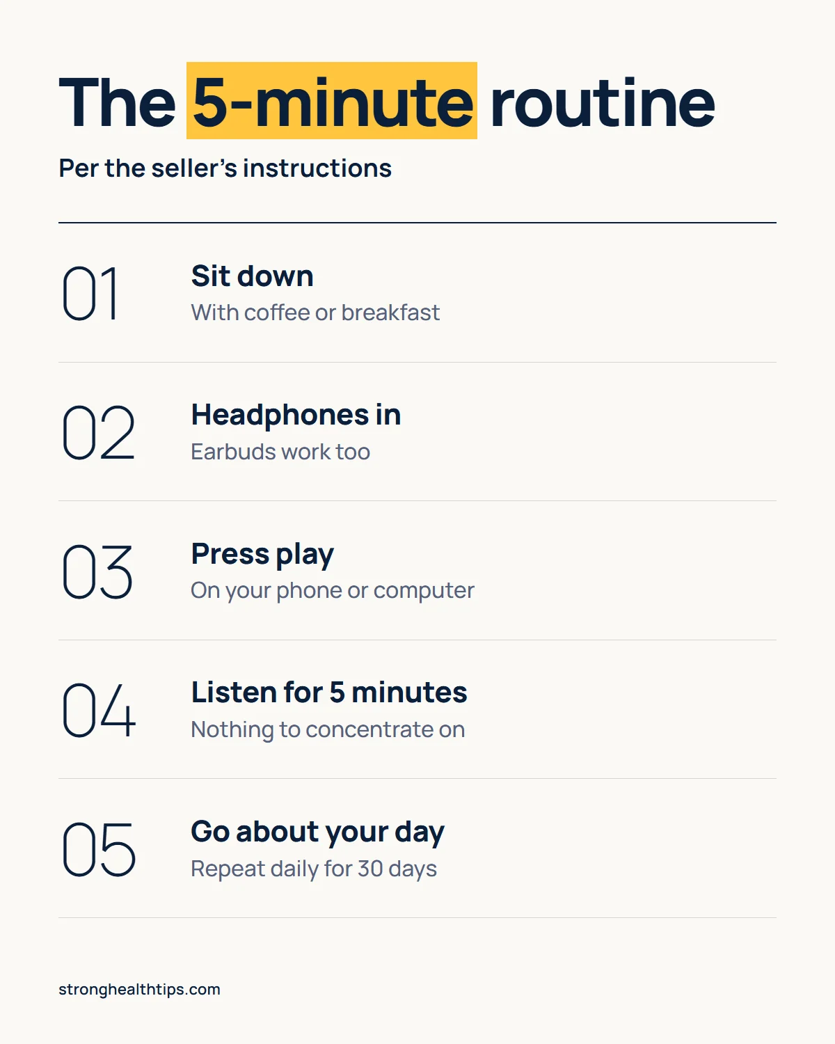 Does Forbidden China Wealth work: the five-step 5-minute morning routine with headphones, from coffee to pressing play