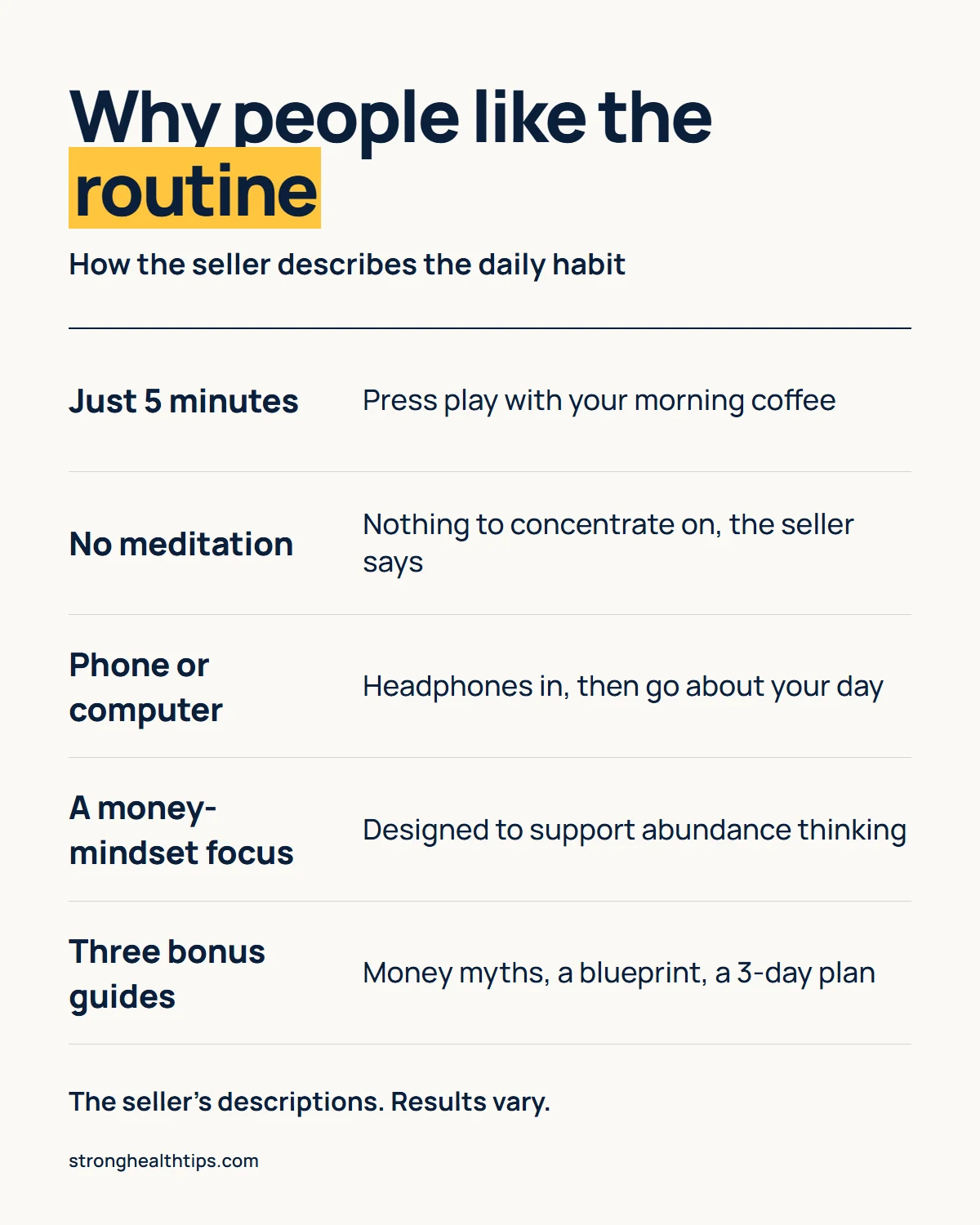 Why people like the Forbidden China Wealth routine, as the seller describes it: just 5 minutes, no meditation, phone or computer with headphones, a money-mindset focus and three bonus guides; results vary