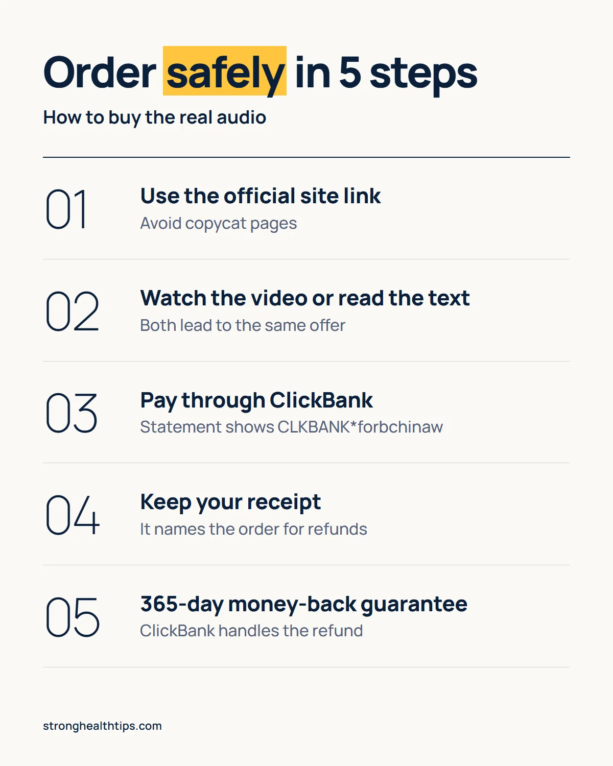 Order Forbidden China Wealth safely in 5 steps: use the official site link, watch the video or read the text version, pay through ClickBank, keep your receipt, and rely on the 365-day money-back guarantee