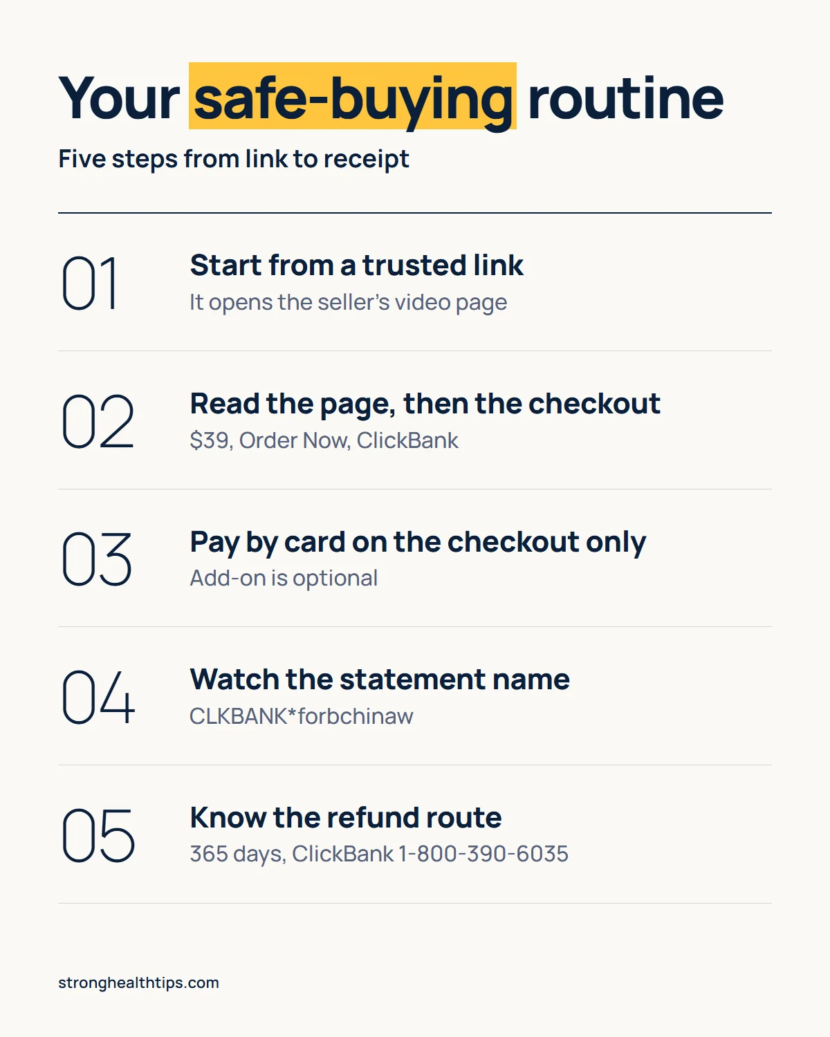 Forbidden China Wealth scam infographic: a five-step safe-buying routine from a trusted link to a saved receipt
