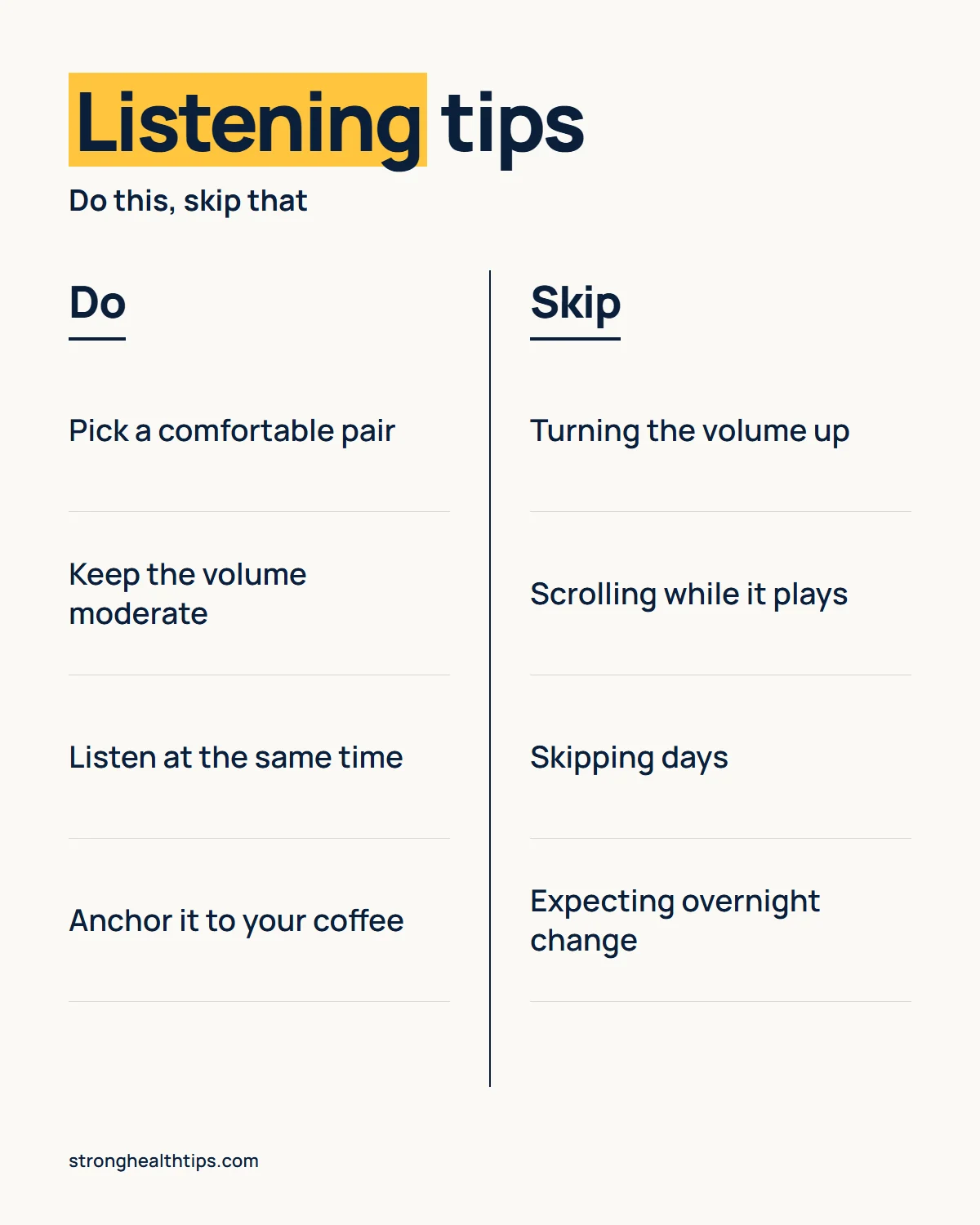 Forbidden China Wealth sound infographic: what to do, such as a comfortable fit and moderate volume, against what to skip
