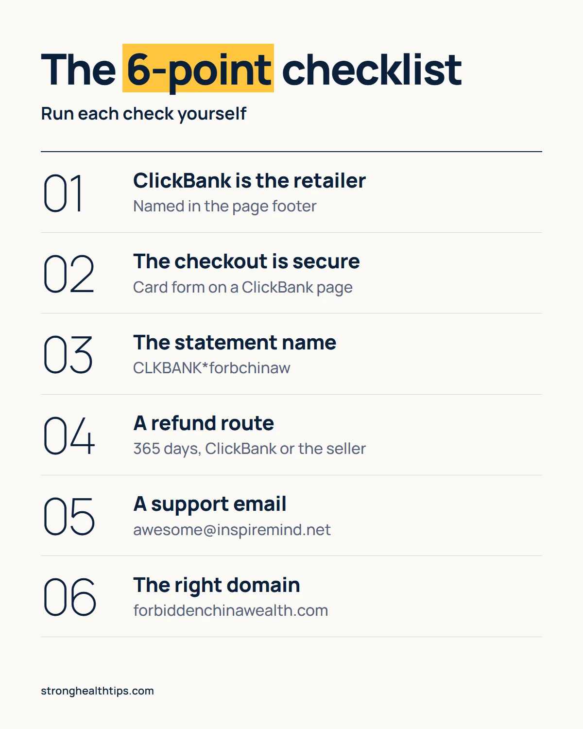 Is Forbidden China Wealth legit infographic: a six-point checklist of retailer, secure checkout, statement name, refund route