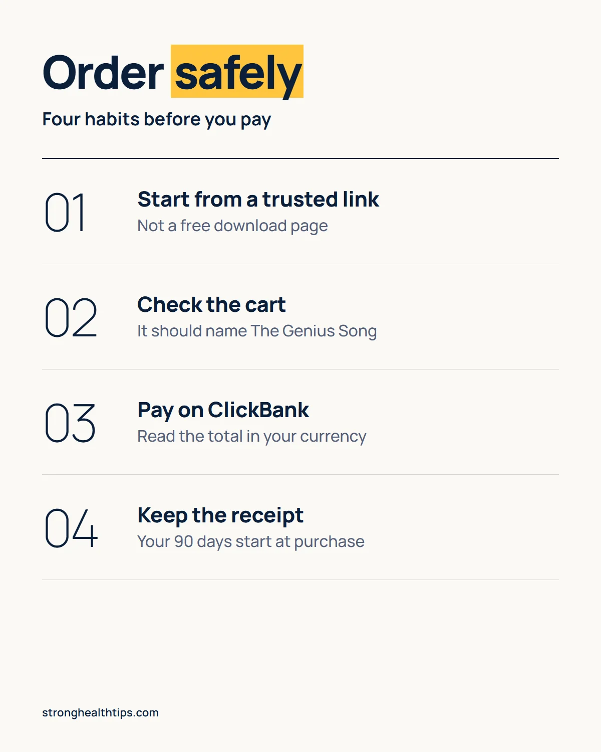 Buy The Genius Song safely: start from a trusted link, check the cart names the item, pay on ClickBank and keep the receipt