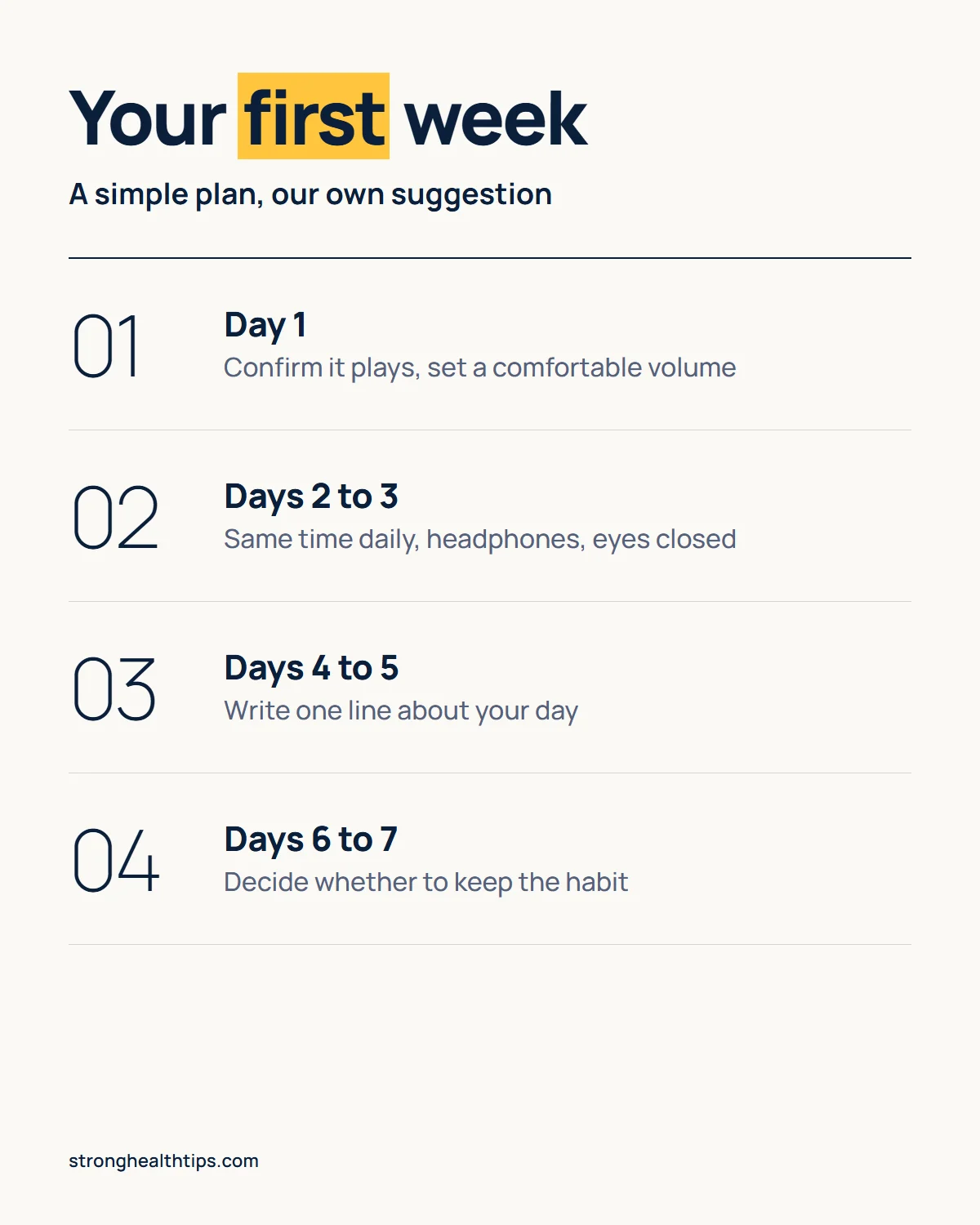 Buy The Genius Song first week plan: confirm it plays, listen at the same time each day, keep notes and decide before day 90