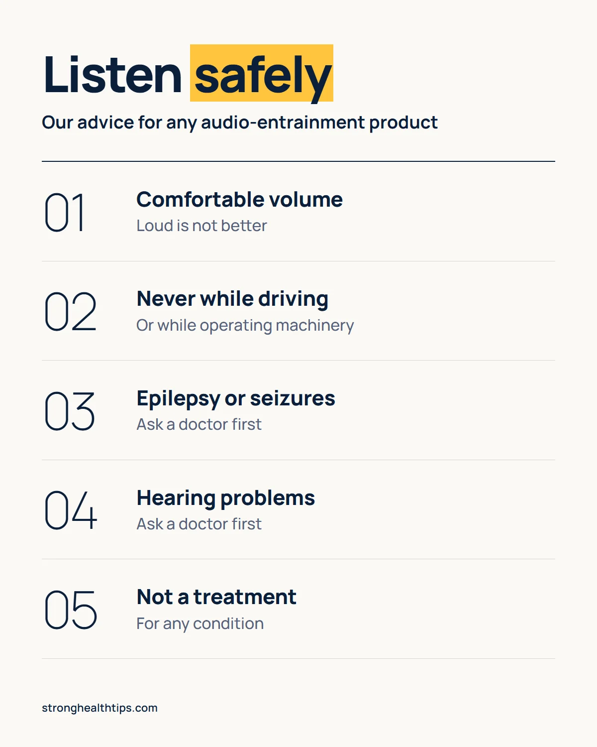 How to listen safely to The Genius Song or any audio-entrainment track: comfortable volume, never while driving, ask a doctor first with epilepsy, seizures or hearing problems, and it is not a treatment for any condition