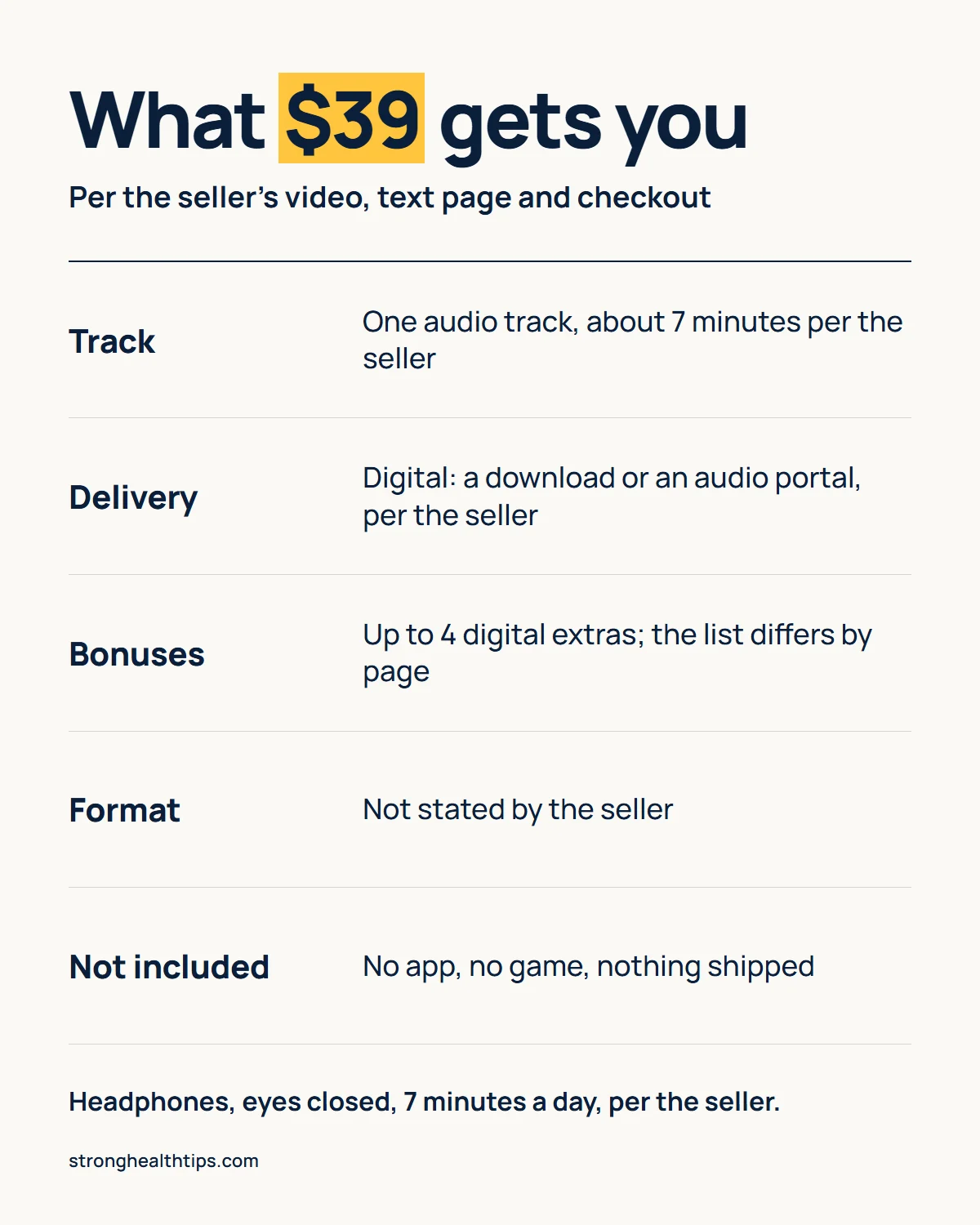 What $39 buys with The Genius Song: one audio track of about 7 minutes per the seller, delivered digitally as a download or portal, up to four digital bonuses that differ by page, format not stated, no app, no game and nothing shipped
