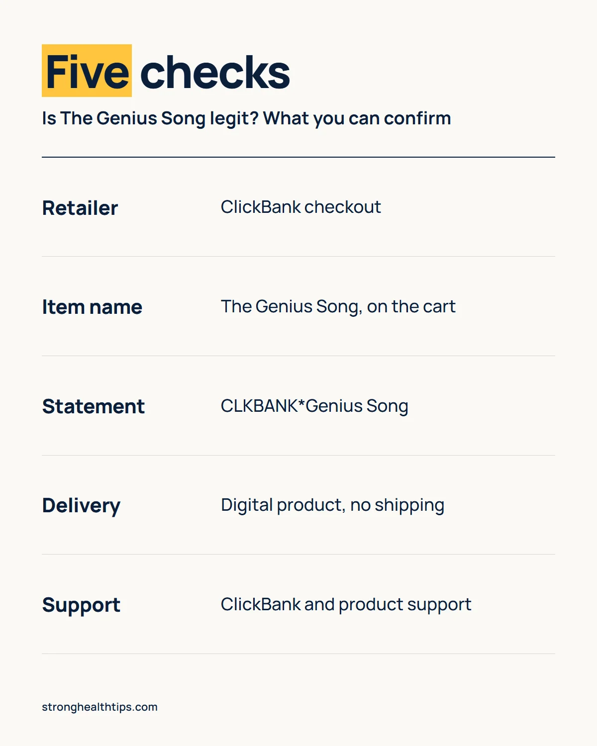 Is The Genius Song legit: five checks you can confirm, the ClickBank checkout, the item name, the statement line