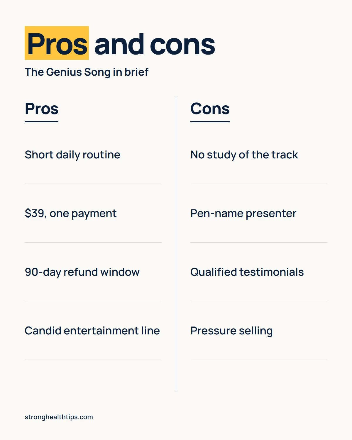 The Genius Song review infographic: an easy routine, one payment and a 90-day refund against no study of the track