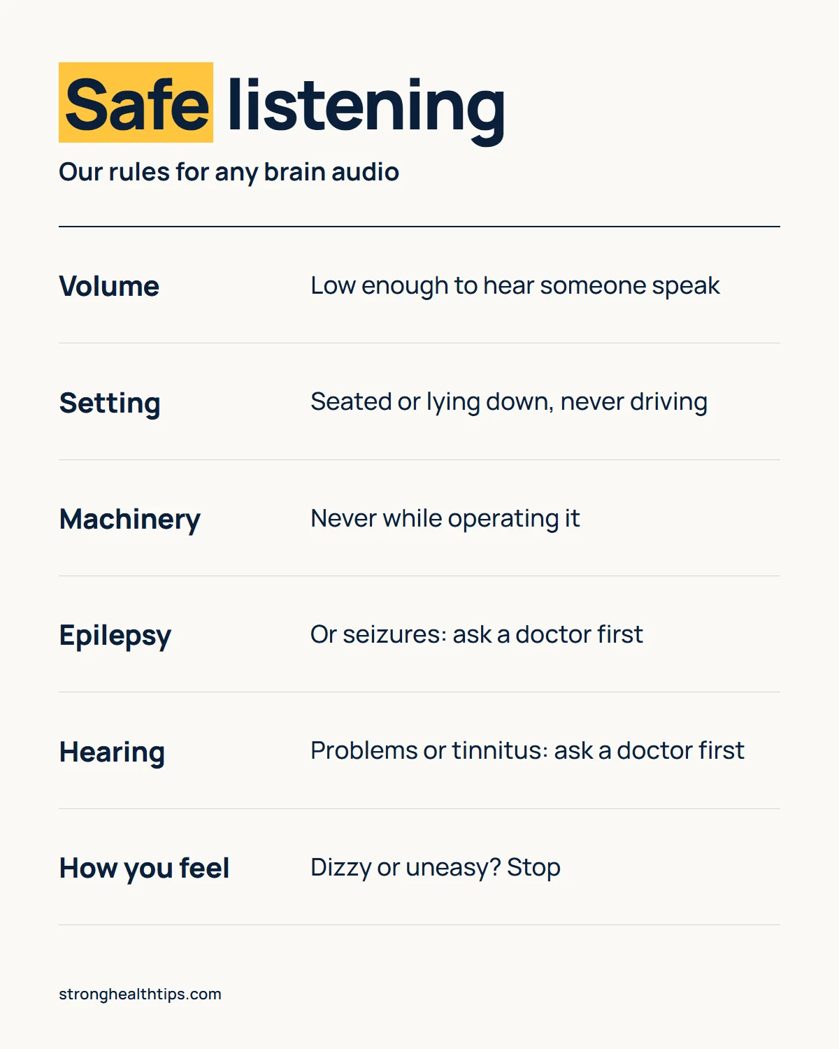 The Genius Switch audio for brain infographic: safe listening rules for any brain audio, covering volume, never while driving