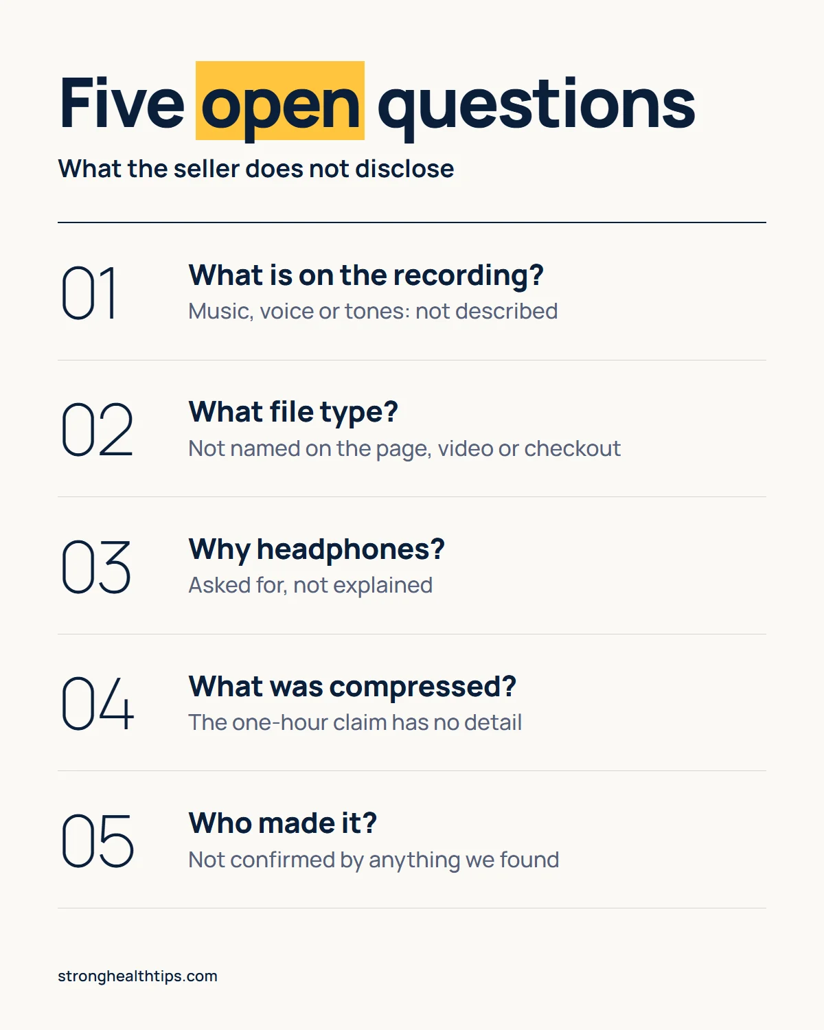 The Genius Switch audio infographic: five open questions the seller does not answer, covering what is on the recording