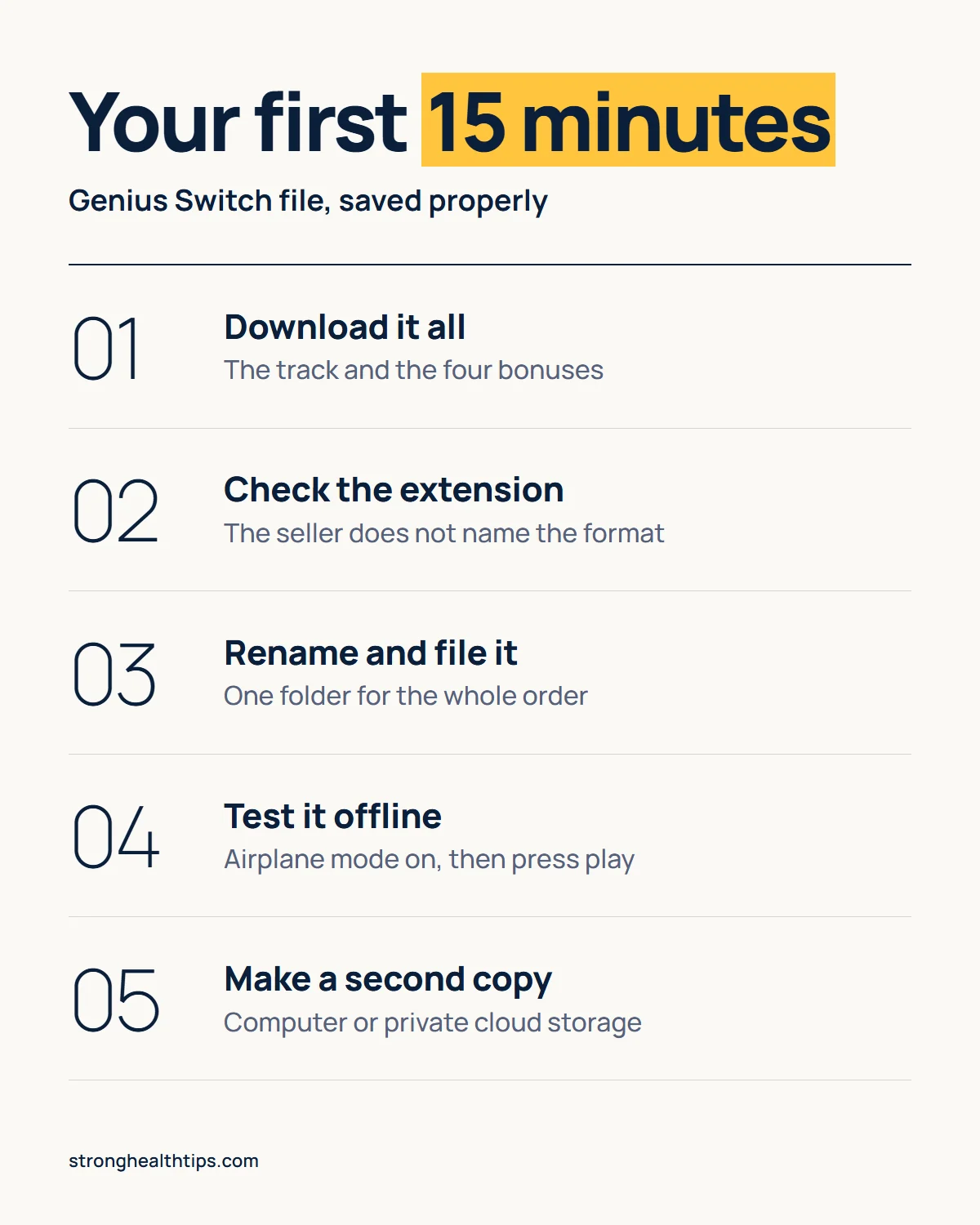 The Genius Switch file infographic: a first-15-minutes routine to download, rename, collect the bonuses in one folder