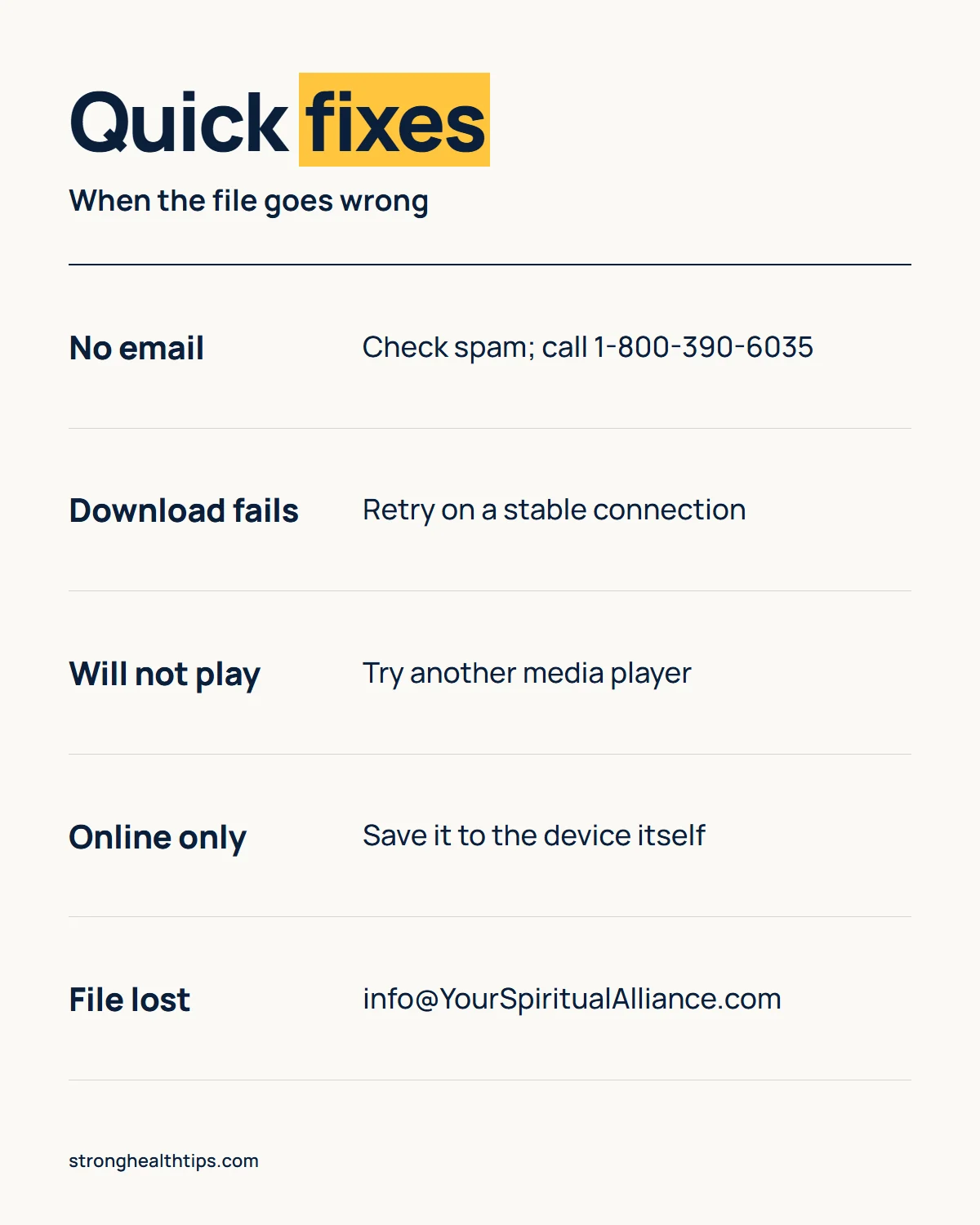 The Genius Switch file infographic: troubleshooting when the delivery email is missing, the download fails