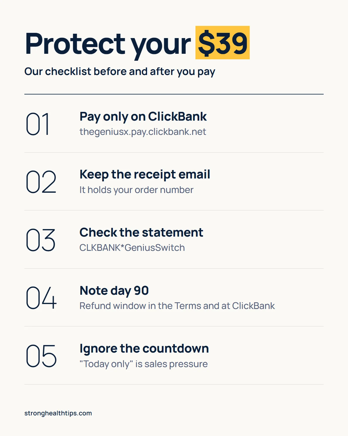 Is The Genius Switch a scam checklist infographic: pay on ClickBank, keep the receipt