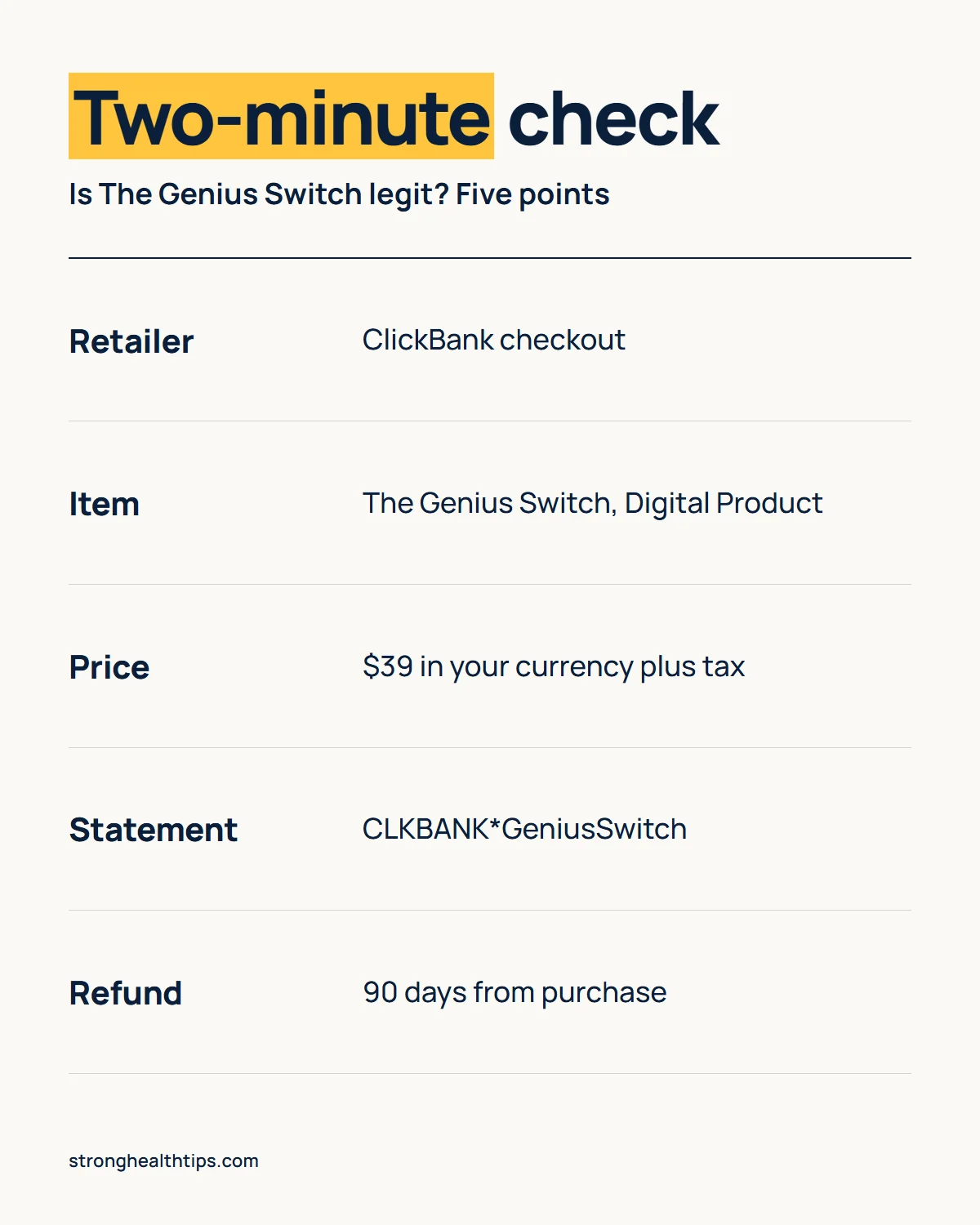 Is The Genius Switch legit: a five-step check of the ClickBank checkout, the item name, the $39 price