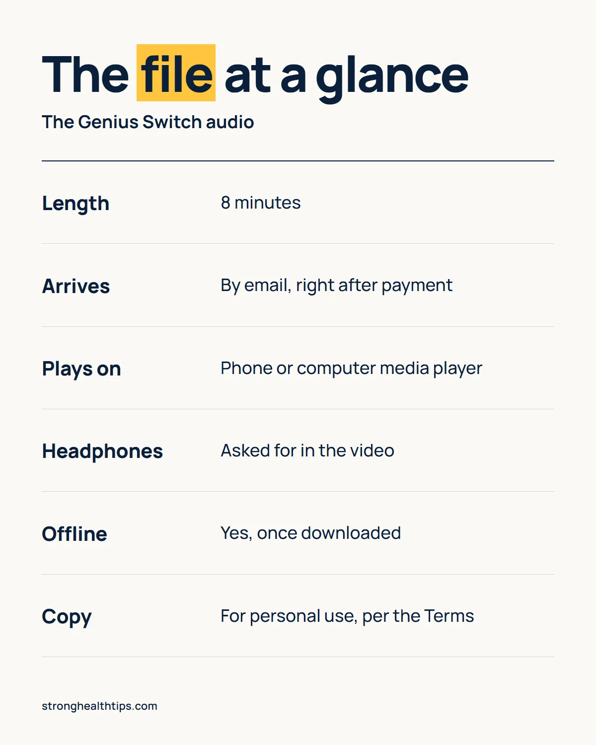 The Genius Switch audio infographic: the file at a glance, 8 minutes long, emailed after payment