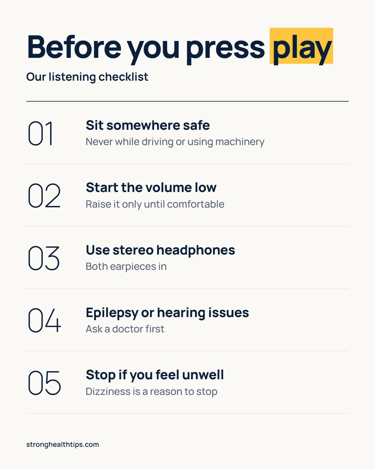 The Genius Switch audio infographic: before you press play, sit somewhere safe, start the volume low, use stereo headphones