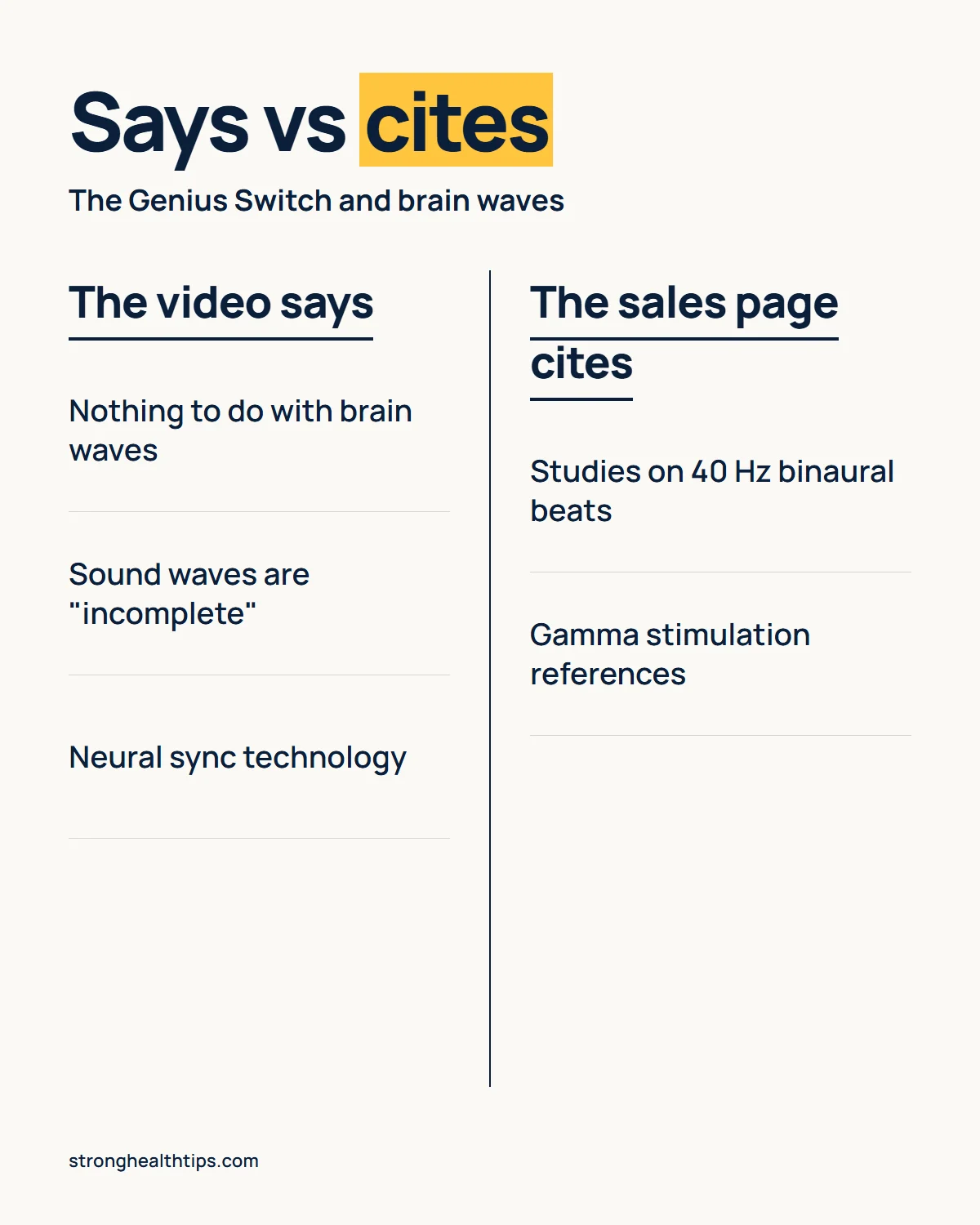 The Genius Switch binaural beats infographic: the video says the method has nothing to do with brain waves