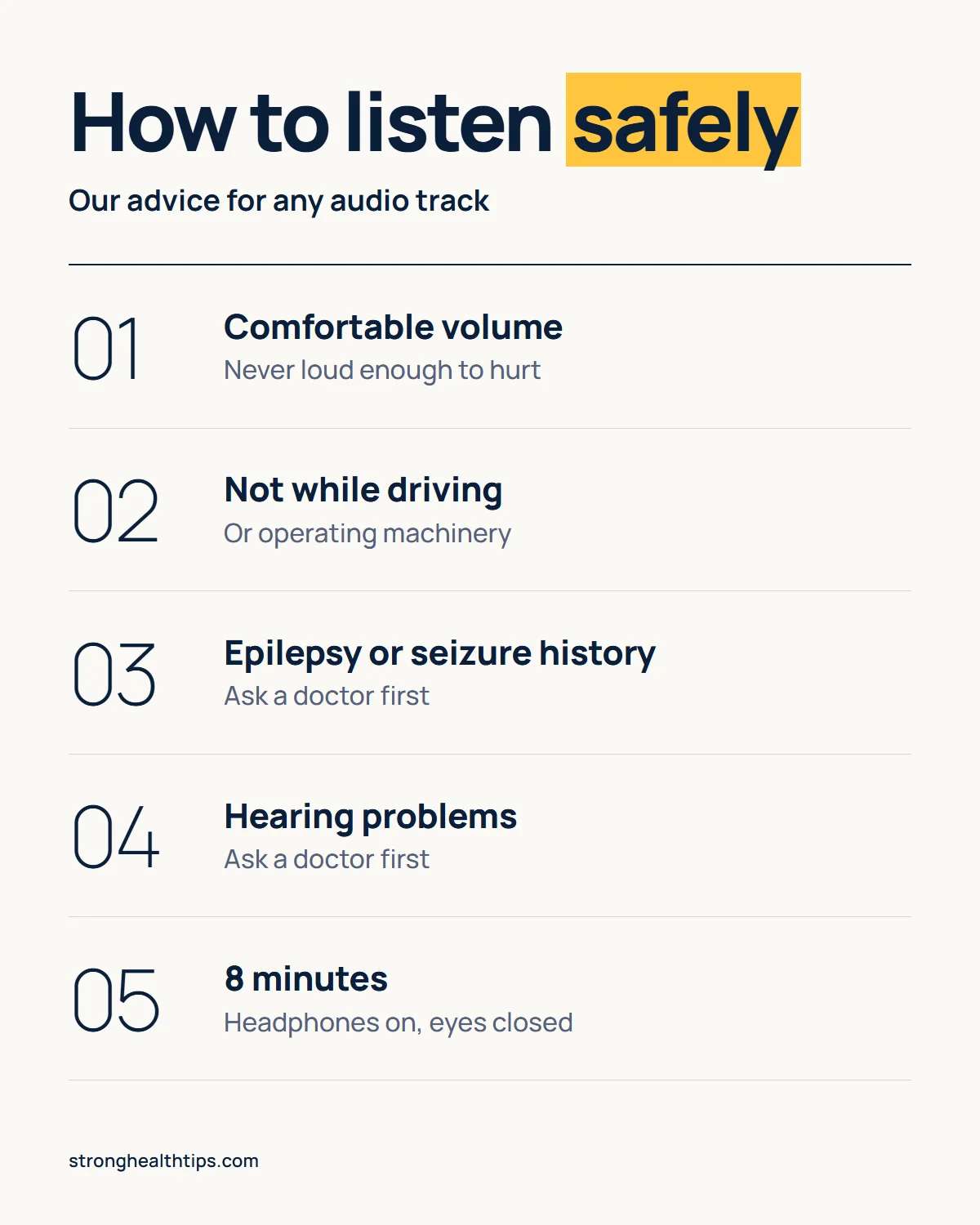 The Genius Switch binaural beats safety infographic: comfortable volume, never while driving or operating machinery